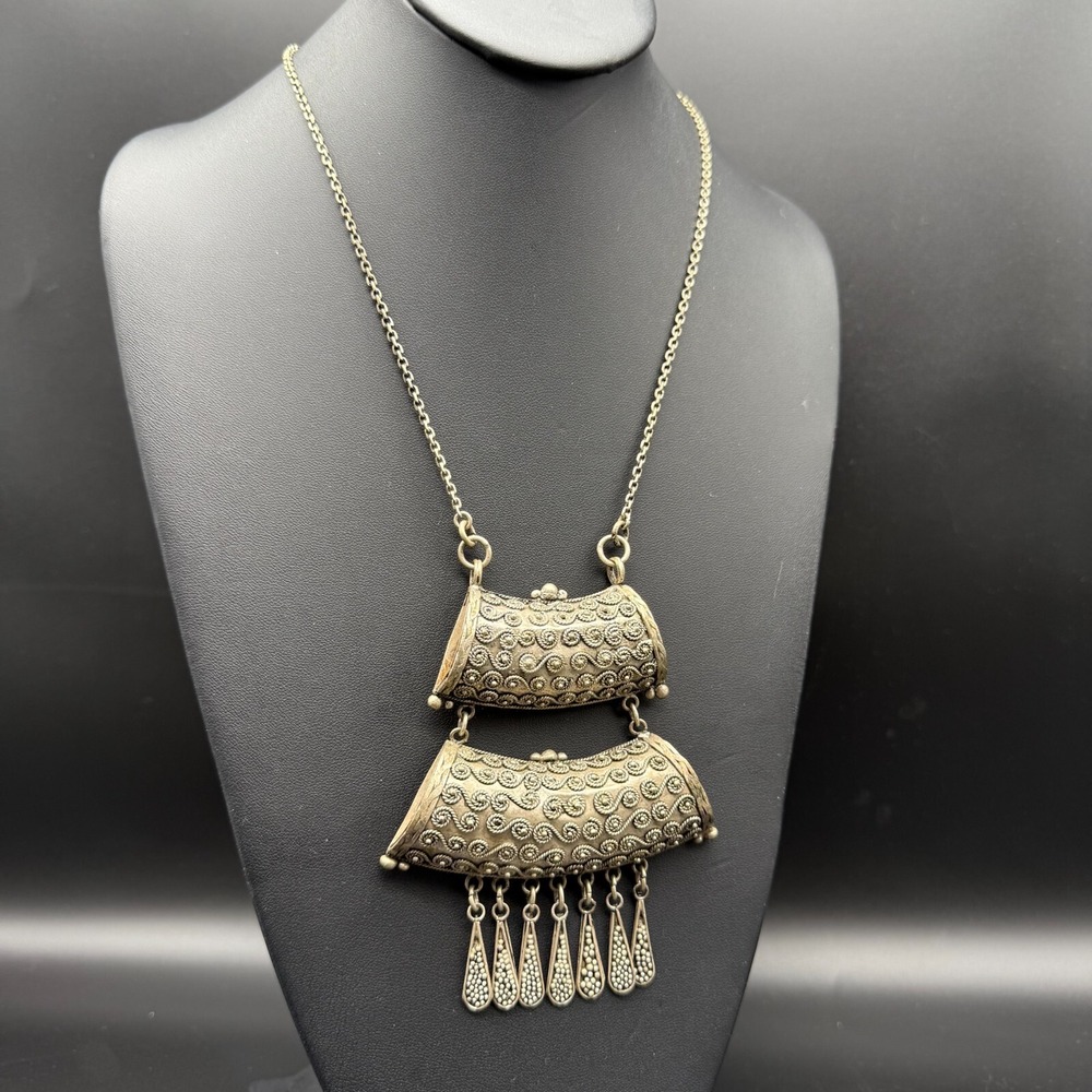 Ethnic Tribal Necklace 19" Chain 4" Pendant Neusilber Dangle Filigree Design